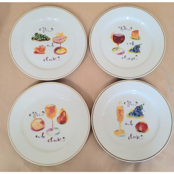 Rosanna Studio Wine & Cheese Plates Set of 4, White and Gold, 8" Diameter - Picture 2 of 9